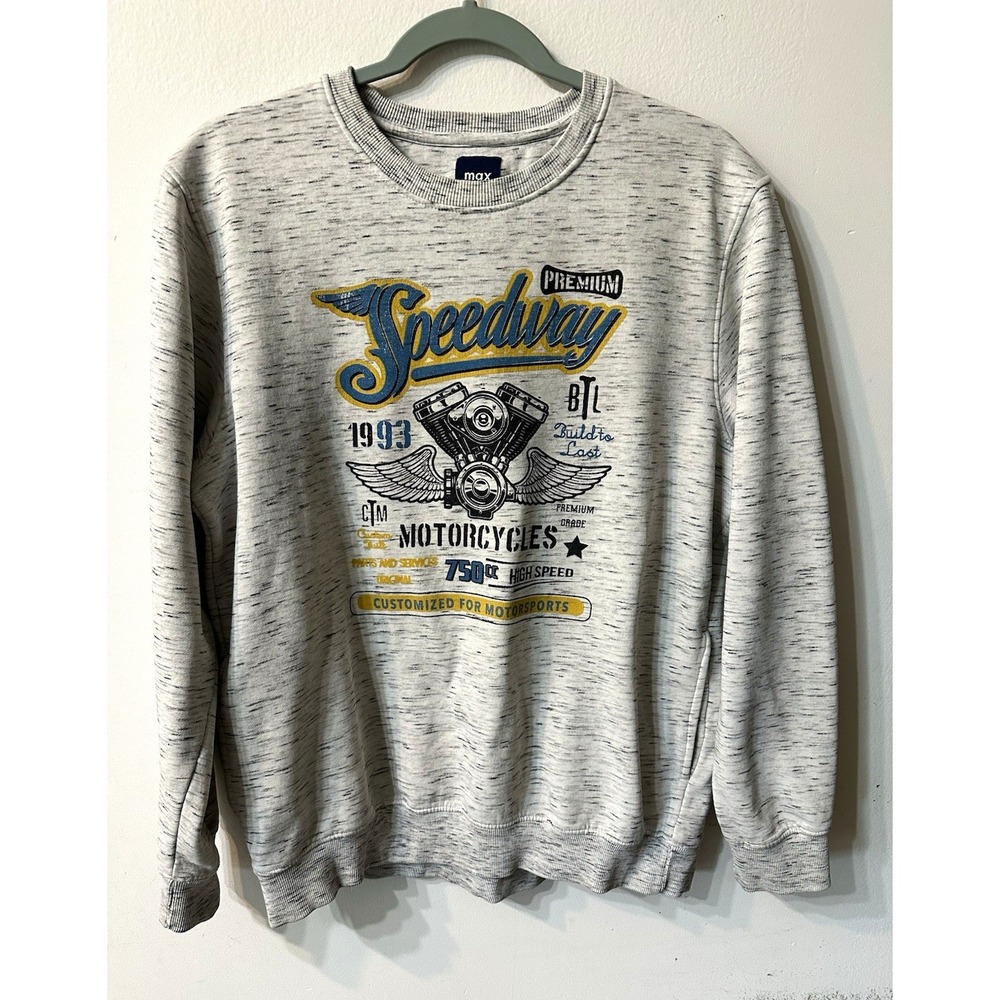 MAX Mens Large Slim Fit Speedway Motorcycle Graphic Crewneck Sweatshirt Gray